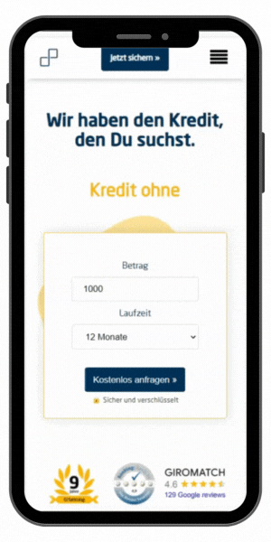 Smartphone-Anzeige für 'Kredit ohne' Angebot mit Auswahloptionen für Betrag und Laufzeit.